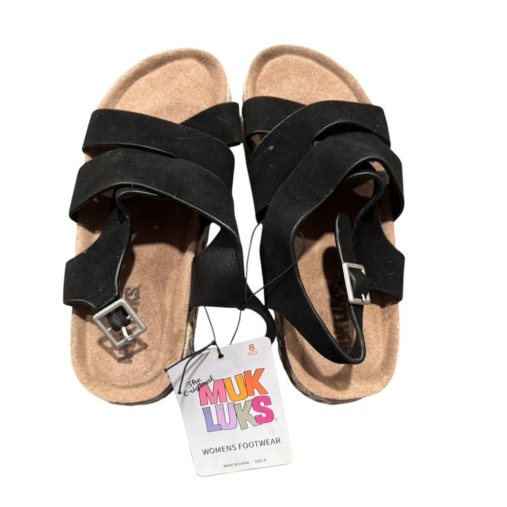 NWT Muk Luks Women’s Black Suede Platform Sandals Tan Size 8 M Cross Strap